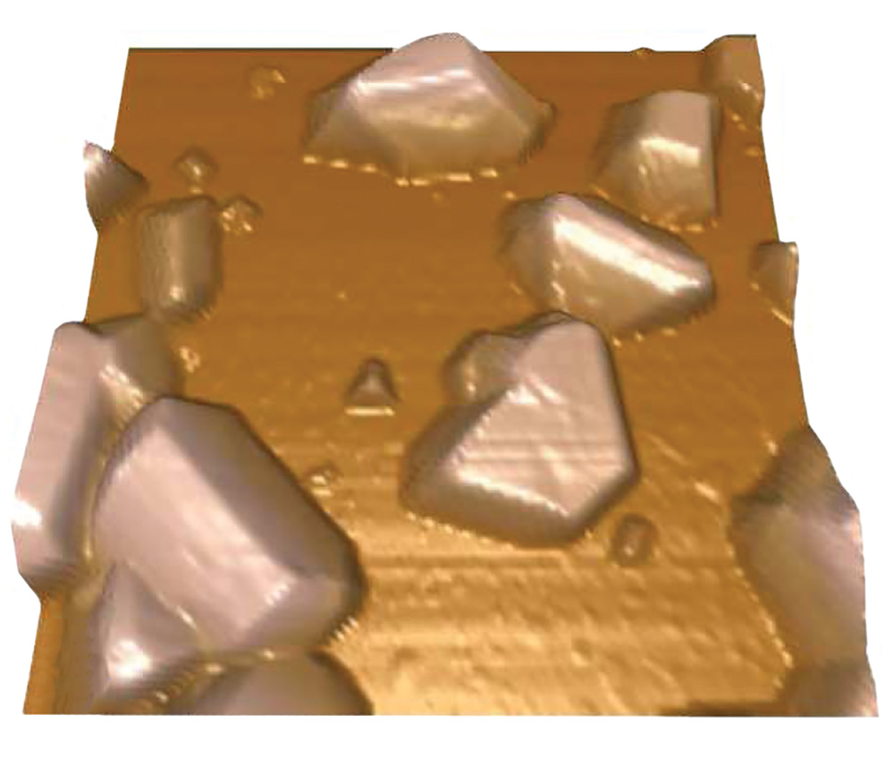 硼掺杂金刚石电极上铋晶体的生长，1.5µm扫描。图片由牛津大学R.康普顿提供。