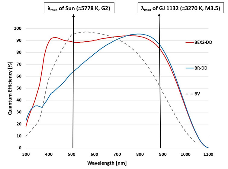 标准硅(' BV ')和深度损耗(' BR-DD '和' BEX2-DD ') iKon-L传感器选项的量子效率曲线