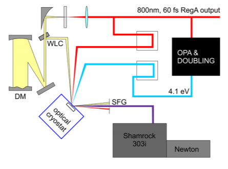 图1实验设置方案，显示了通过参数放大和倍增产生泵，WLC的产生和压缩以及Shamrock 303i和Newton EMCCD的检测方案。