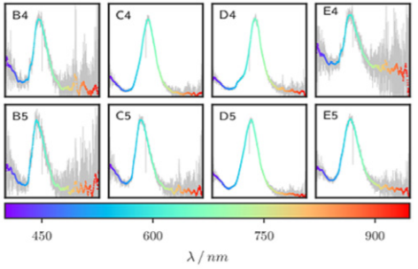 图3暗场散射光谱(强度[a.u。和波长[400-950 nm])的单等离子体纳米结构，如图2所示。测量过程如图1所示。灰色线代表原始数据，彩色线被平滑以减少噪声。
