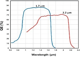 量子效率(QE)两种不同的特点InGaAs探测器与延长敏感性µmµm 1.7和2.2