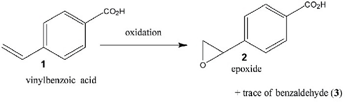 演示该技术的模型反应示意图。4-乙烯基苯甲酸在水中H2O2氧化生成反应产物、环氧化物和痕量相应的羧基苯甲醛