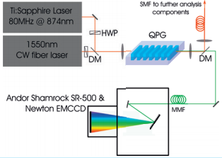 相位匹配表征实验装置HWP:半波板，DM:二向色镜，SMF:单模光纤，MMF:多模光纤