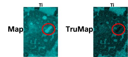 样品中微量钛的x射线图。尽管该样品中没有与Ti重叠的元素，但TruMap显示传统x射线图存在显著误差，这是由Cr/Fe颗粒与周围氧化物基体之间的背景强度变化引起的。