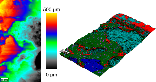 罗马壁画的地形共聚焦拉曼图像。左：通过TrueSurface显微镜分析的样品地形；右：地形共焦拉曼图像。